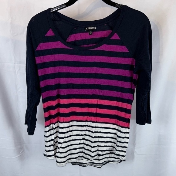 Express Top Striped Quarter Sleeve Pullover Crewneck Color block Casual Shirt - Picture 3 of 8